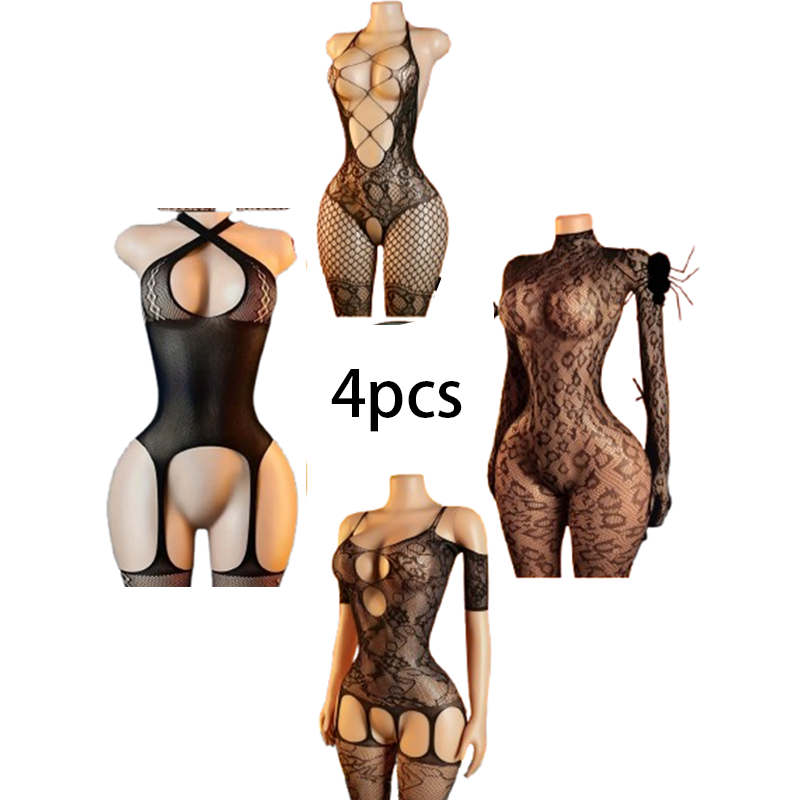 Bodystocking Fishnet - ชุดชั้นในเซ็กซี่ 4 ชิ้น: บอดี้สูทตาข่าย/บอดี้สูทตาข่ายสำหรับผู้หญิง