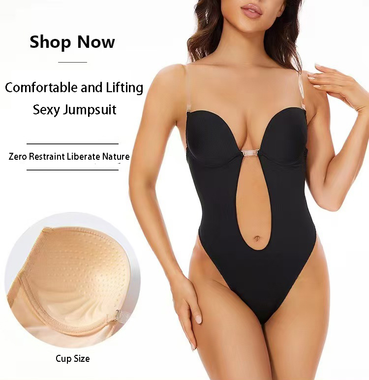 Shapewear Bodysuit Firm - บอดี้สูทกระชับสัดส่วนแบบไม่มีสายหลัง กาวกันลื่น คอวีลึก ทรงยูพลังส์ พร้อมกางเกงในในตัว ช่วยยกกระชับหน้าท้องและสัดส่วน