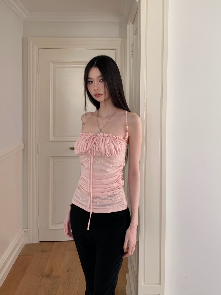 เสื้อครอปสีชมพูประดับลูกปัด แต - Cami Top Lace บทวิจารณ์และราคา